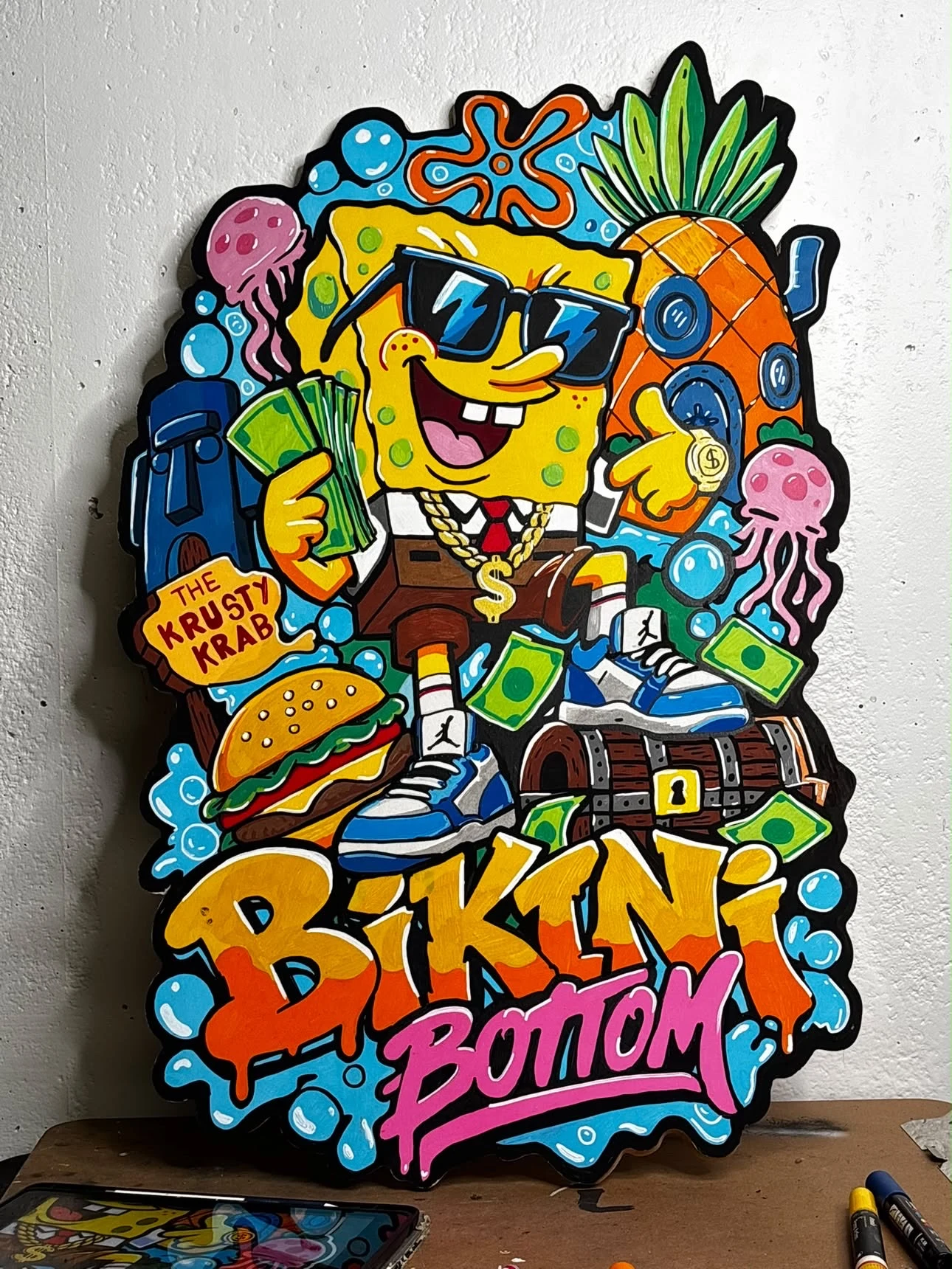 Detailed colorful hand-painted Bikini Bottom wooden artwork