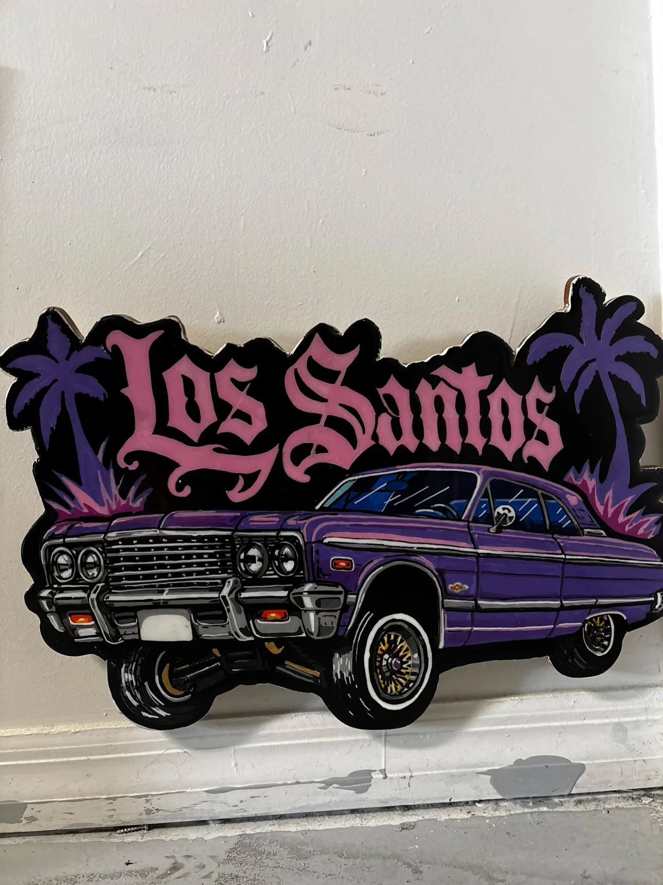 O He Paints studio photograph: Los Santos lowrider piece on the studio wall